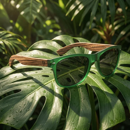 Lentes sol Acacia polarizados UV400 madera zebrano Verde Smoke composicion botanica monstera tropical natural Bonoboss #editorial_grid2 #color_verde-smoke