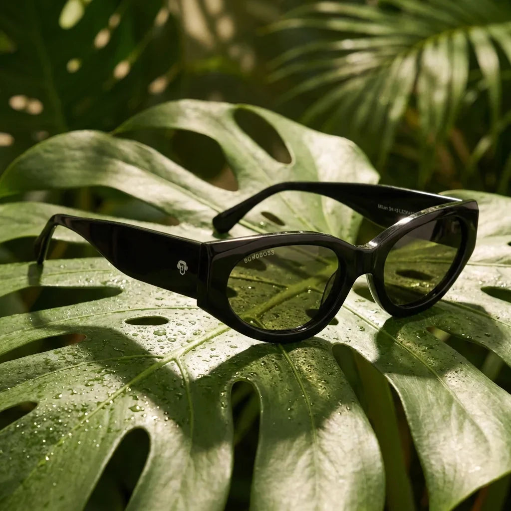 Lentes sol Milan polarizados bio-acetato negro composicion botanica monstera tropical biodegradable Bonoboss #editorial_grid2 #color_negro