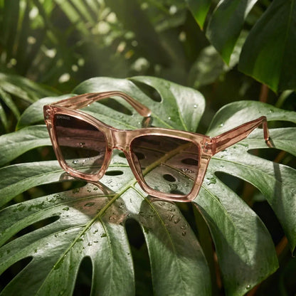 Lentes sol Bruna Retro Polarizado polarizados champagne composicion botanica hoja monstera tropical Bonoboss #editorial_grid2 #color_champagne