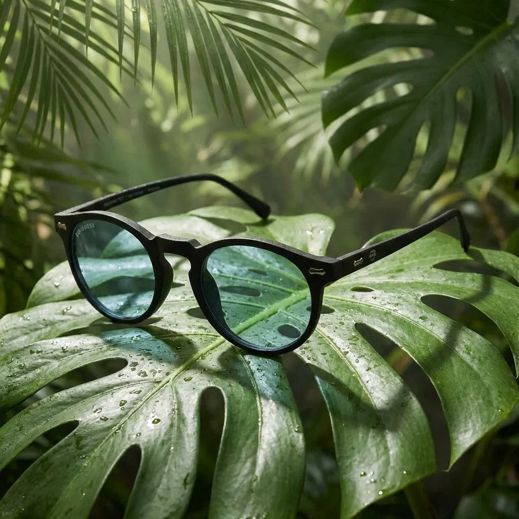 Lentes sol Temuco RPET polarizados UV400 composicion botanica monstera tropical natural Bonoboss #editorial_grid2 #color_negro