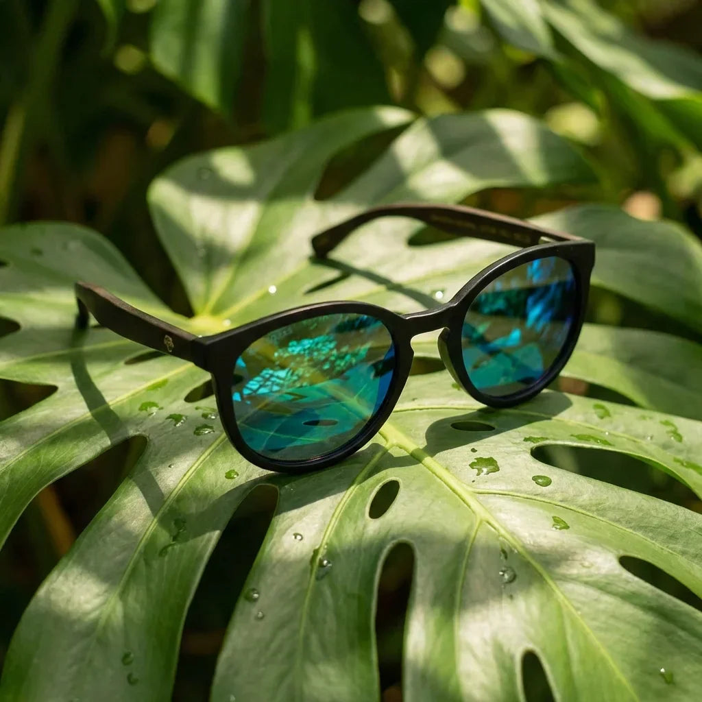 Lentes sol Meli Dark polarizados bio-acetato Espejado Azul composicion botanica monstera tropical Bonoboss #editorial_grid2 #color_espejado-azul