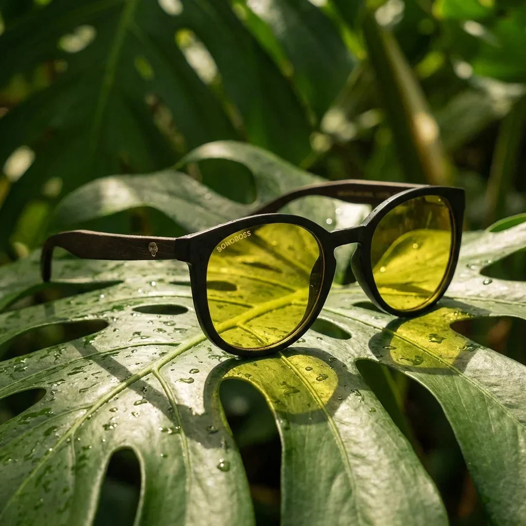 Lentes sol Meli Dark polarizados bio-acetato Amarillo composicion botanica monstera tropical Bonoboss #editorial_grid2 #color_amarillo
