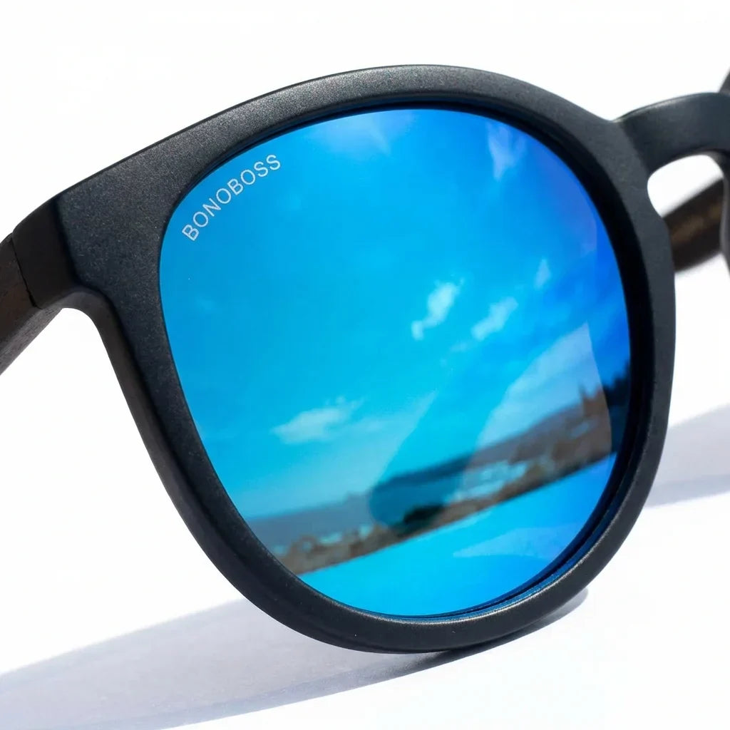 Lentes sol Meli Dark polarizados UV400 bio-acetato Espejado Azul close-up lente coating espejado detalle optico Bonoboss #editorial_polarizado #color_espejado-azul