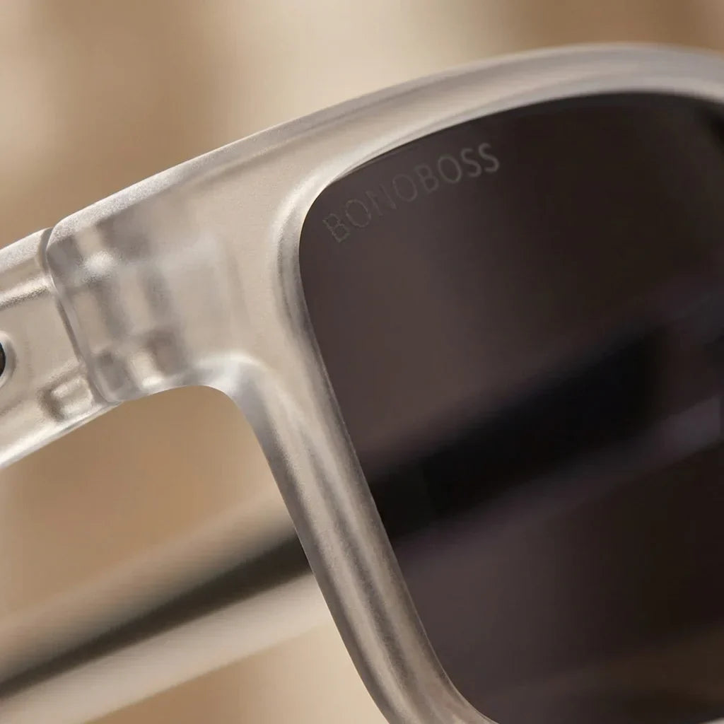 Lentes sol Lautaro RPET polarizados UV400 macro textura acetato vetas detalle premium Bonoboss #color_transparente