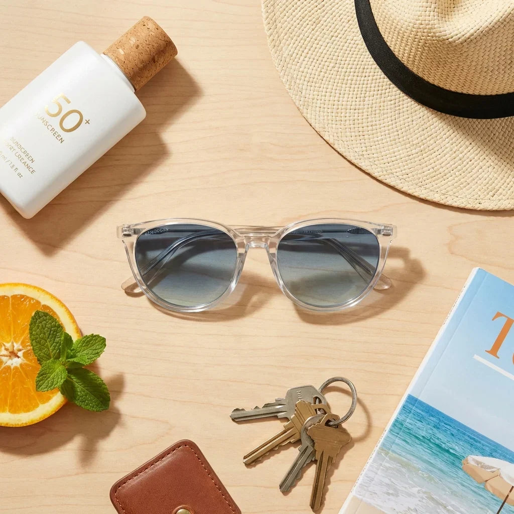 Lentes sol Henua polarizados bio-acetato transparente flat lay summer essentials playa accesorios verano Bonoboss #editorial_grid1 #color_transparente