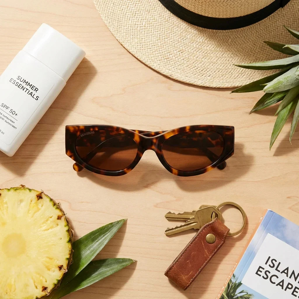 Lentes sol Milan polarizados bio-acetato carey flat lay summer essentials playa accesorios verano Bonoboss #editorial_detail2 #color_carey