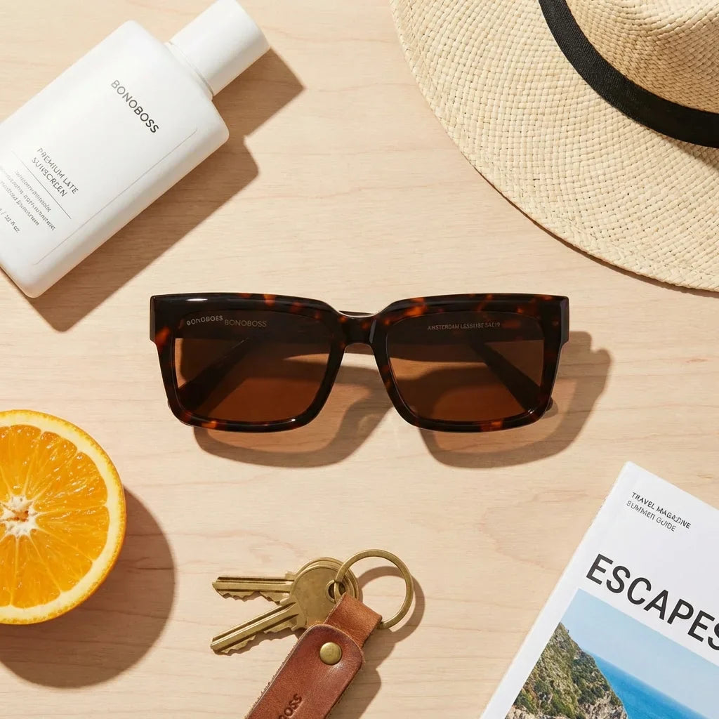 Lentes sol Amsterdam polarizados carey flat lay summer essentials accesorios playa Bonoboss #editorial_detail2 #color_carey