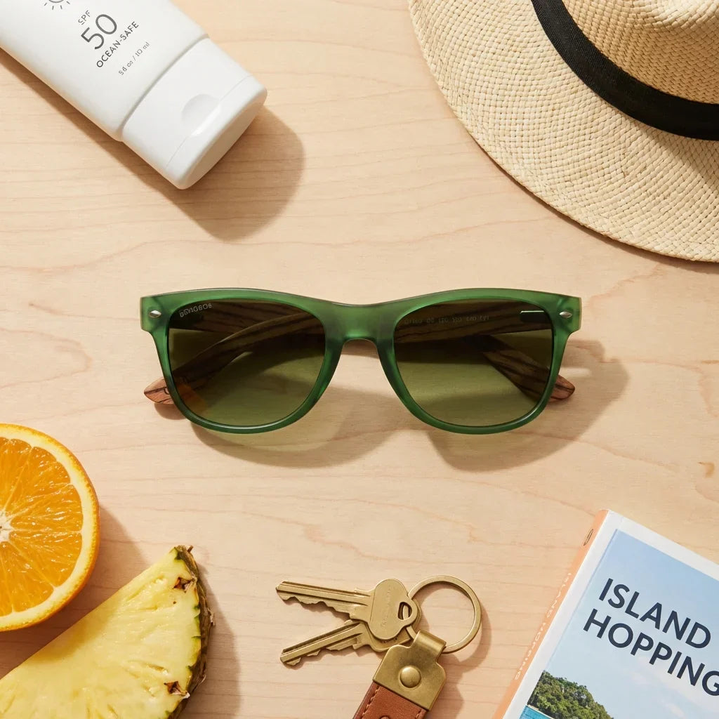 Lentes sol Acacia polarizados UV400 madera zebrano Verde Gradiente Olive flat lay summer essentials accesorios playa Bonoboss #editorial_detail2 #color_verde-gradiente-olive