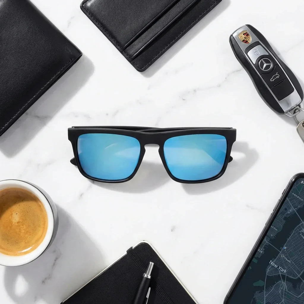 Vista frontal del modelo Lautaro Dark Designer's lentes de sol mujer patas de madera #color_waves-sky