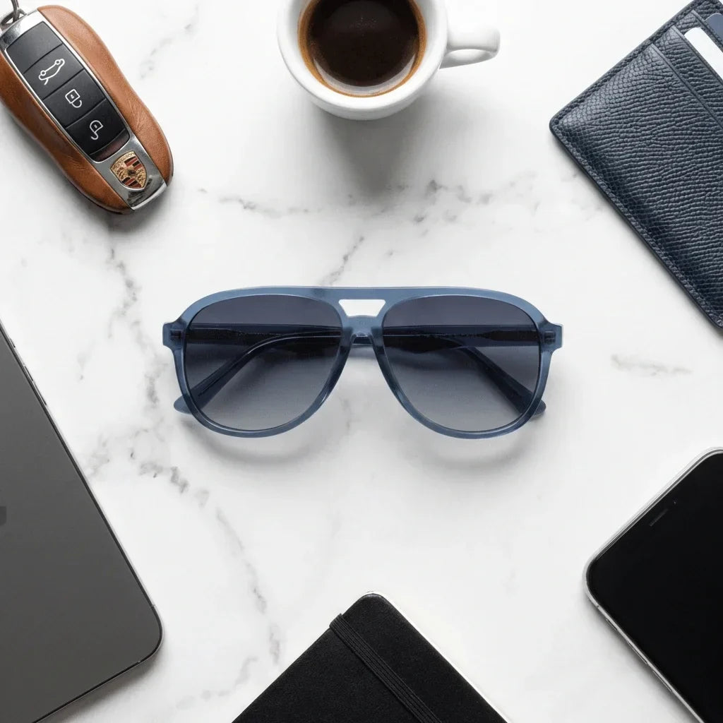 Vista frontal del modelo Orson lentes de sol mujer azul vibrante patas de madera #color_azul