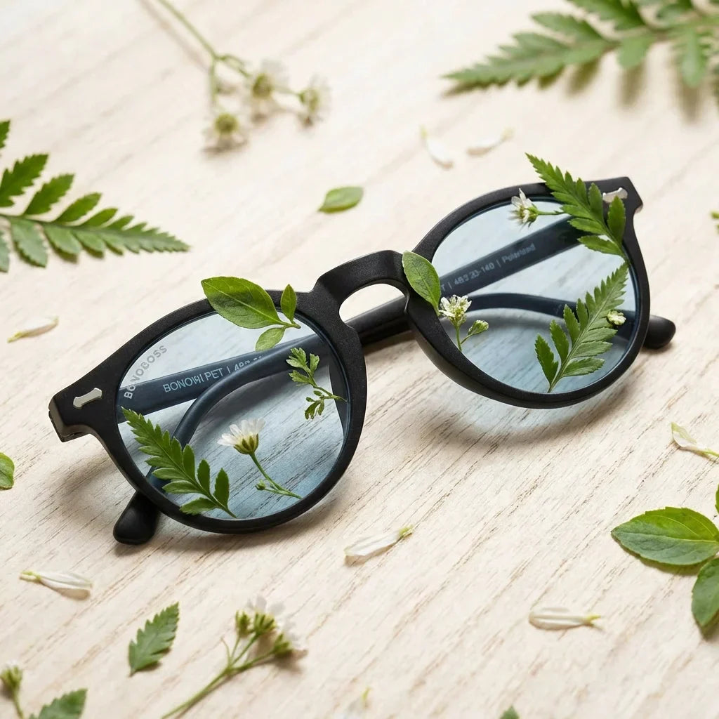 Lentes sol Temuco RPET polarizados UV400 detalle lente composicion botanica Bonoboss #editorial_detail2 #color_negro