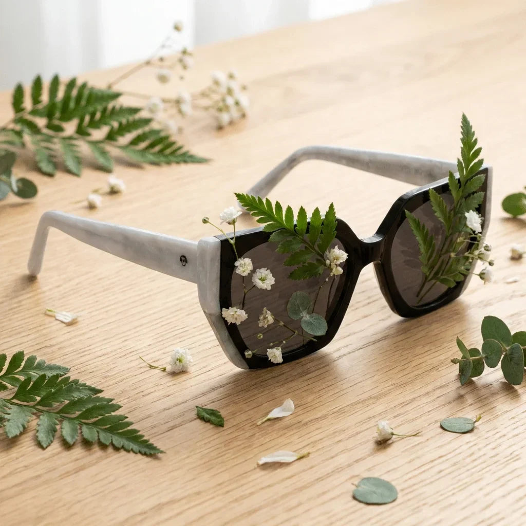 Lentes sol Di Trevi polarizados bio-acetato black composicion botanica lente detalle tropical biodegradable Bonoboss #editorial_grid2 #color_black