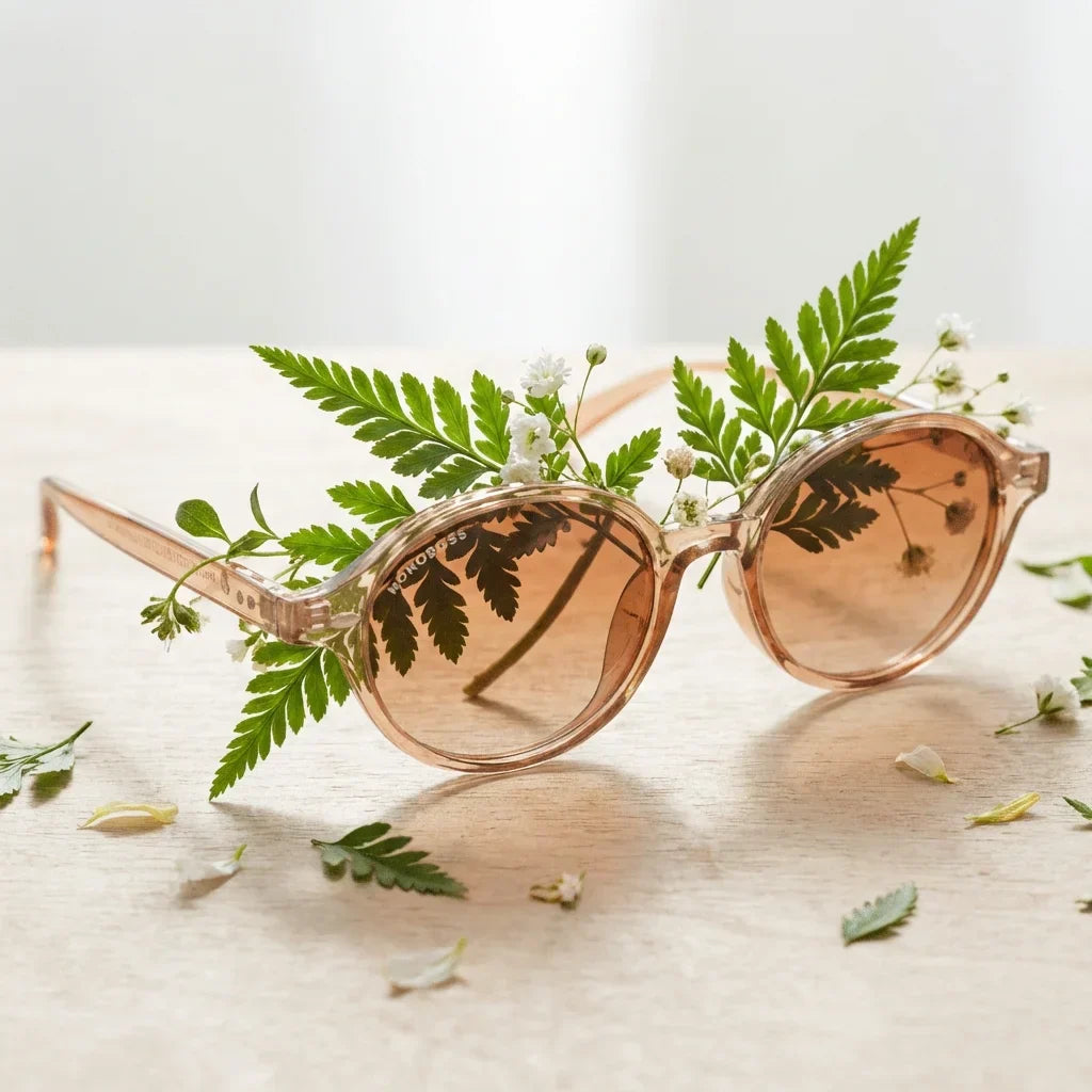 Lentes sol Capri polarizados RPET reciclado champagne entre hojas botanicas detalle lente verde sustentable Bonoboss #editorial_grid2 #color_champagne
