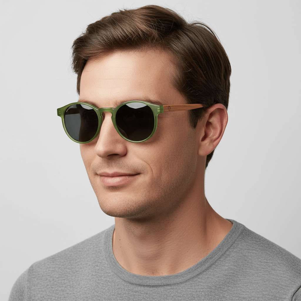 vista lateral de un modelo hombre de cara ovalada usando unos anteojos anteojos gafas de sol polarizadas de forma redonda y con puente para narices anchas hechas de plastico reciclado sustentable ecologico personalizada y patas de madera de #color_verde