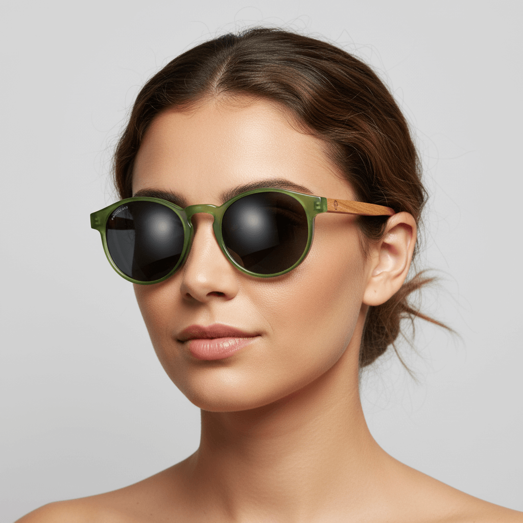 vista lateral de una modelo mujer de cara redonda usando unos anteojos anteojos gafas de sol polarizadas de forma redonda y con puente para narices anchas hechas de plastico reciclado sustentable ecologico personalizada y patas de madera de #color_verde