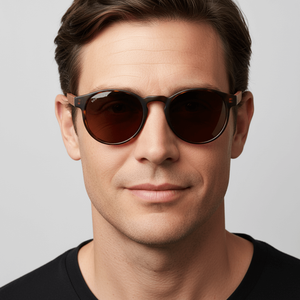 vista frontal de un modelo hombre de cara ovalada usando unos anteojos gafas de sol polarizadas de forma redonda y con puente para narices anchas hechas de plastico reciclado sustentable ecologico personalizada y patas de madera de #color_carey