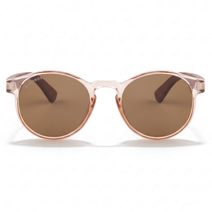 la vista frontal de unos anteojos anteojos gafas de sol polarizadas de forma redonda y con puente para narices anchas hechas de plastico reciclado sustentable ecologico personalizada y patas de madera de #color_rosa