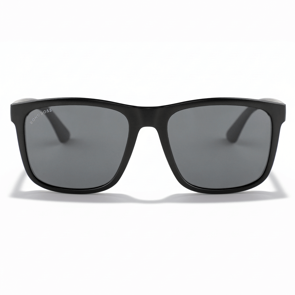 la vista frontal de unos anteojos gafas de sol polarizadas de plastico reciclado con lentes de color negras y marco de #color_dark