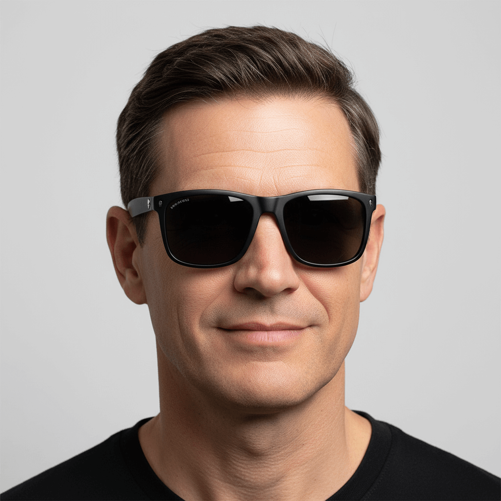 la vista frontal de un hombre disfrutando de unos anteojos gafas de sol polarizadas de plastico reciclado con lentes de color negras y marco de #color_dark