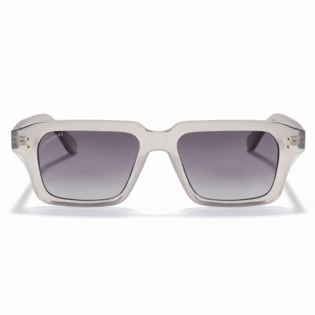 la vista frontal de unos anteojos gafas de sol polarizadas de plastico reciclado sustentable personalizada para regalo corporativo de #color_gray