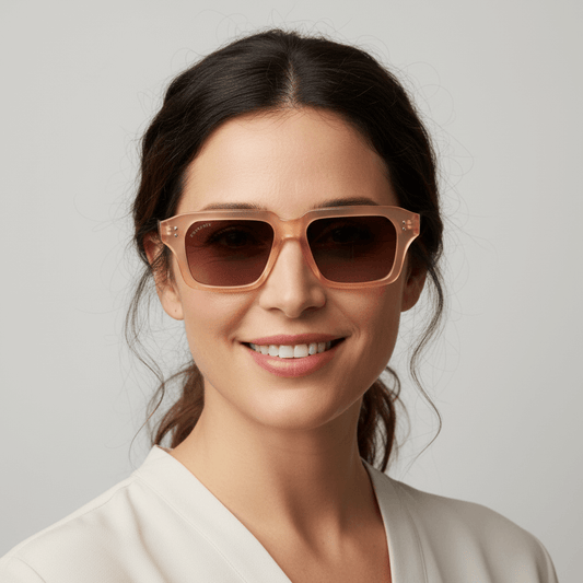 la vista frontal de una modelo mujer de cara redonda cuadrada usando unos anteojos gafas de sol polarizadas de plastico reciclado sustentable personalizada para regalo corporativo de #color_champagne