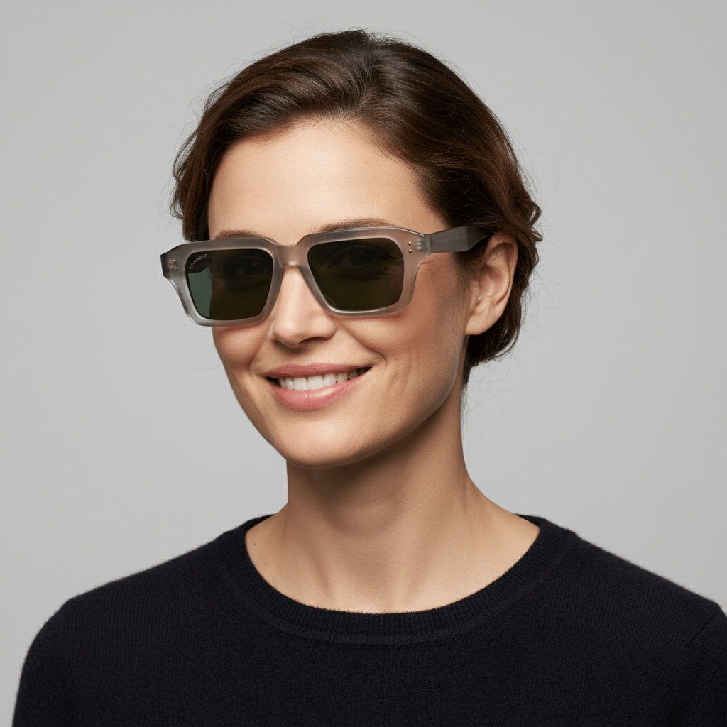 la vista lateral de una modelo mujer de cara redonda unos anteojos gafas de sol polarizadas de plastico reciclado sustentable personalizada para regalo corporativo de #color_g15