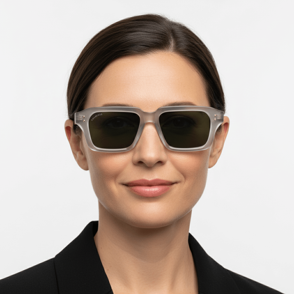 la vista frontal de una modelo mujer de cara redonda unos anteojos gafas de sol polarizadas de plastico reciclado sustentable personalizada para regalo corporativo de #color_g15