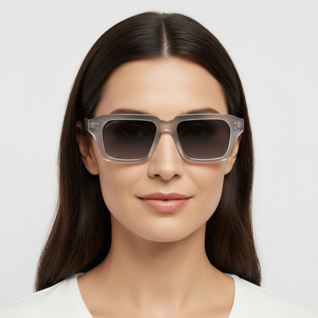la vista frontal de una mujer de forma de cara redonda usando unos anteojos gafas de sol polarizadas de plastico reciclado sustentable personalizada para regalo corporativo de #color_gray