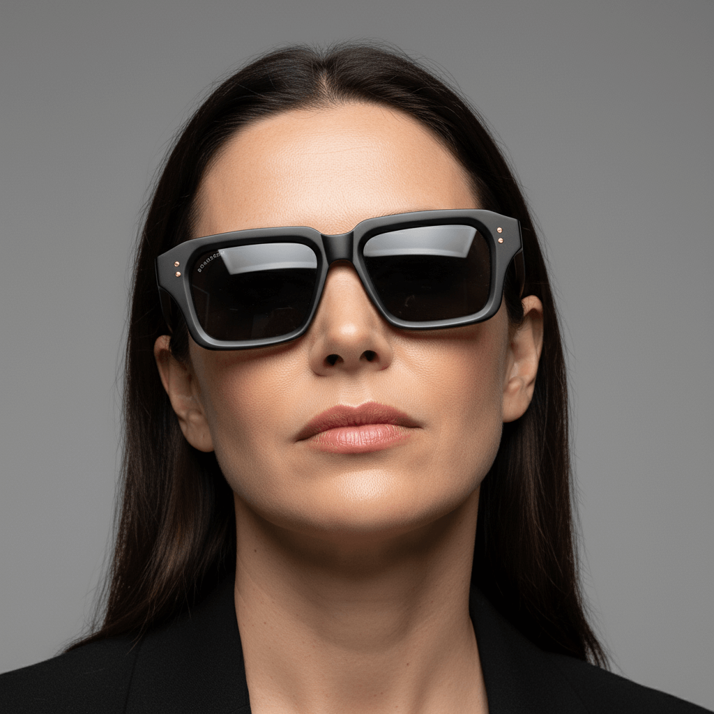 la vista frontal de una modelo mujer de cara redonda usando unos anteojos gafas de sol polarizadas de plastico reciclado sustentable personalizada para regalo corporativo de #color_dark