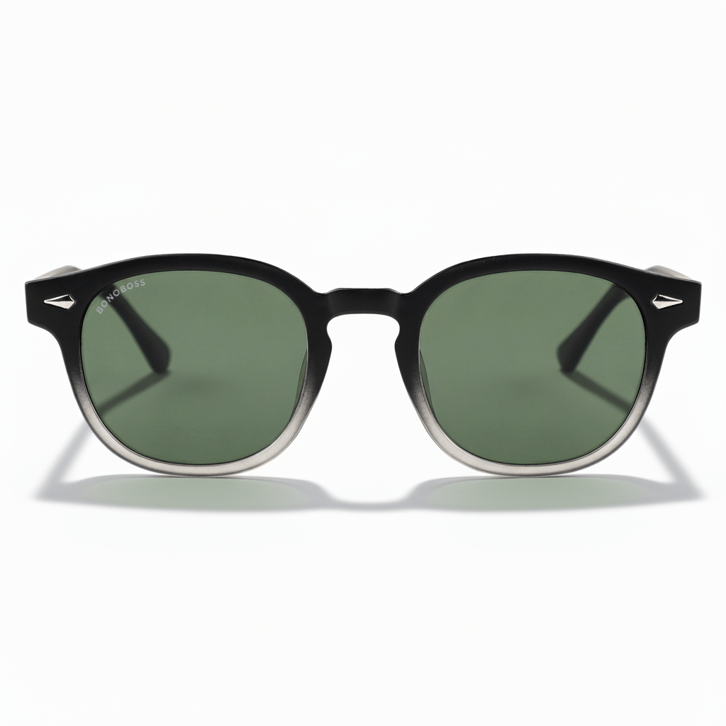 la vista frontal de unos anteojos de sol polarizados de forma redondeada hechos con plastico reciclado personalizado para regalo corporativo de #color_g15