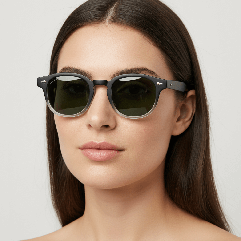 la vista lateral de mujer usando unos anteojos de sol polarizados de forma redondeada hechos con plastico reciclado personalizado para regalo corporativo de #color_g15