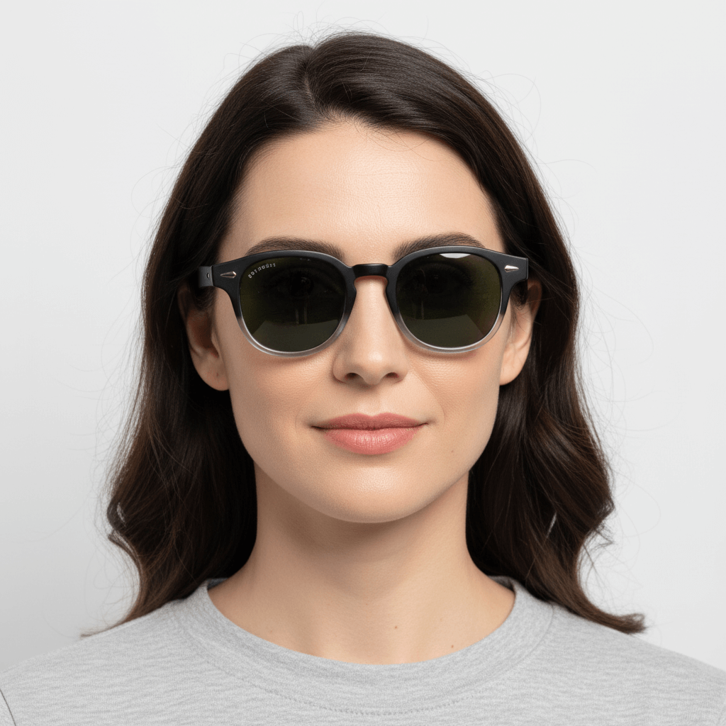 la vista frontal de mujer usando unos anteojos de sol polarizados de forma redondeada hechos con plastico reciclado personalizado para regalo corporativo de #color_g15