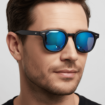 la vista lateral de un modelo hombre usando unos anteojos de sol espejados polarizados de forma redondeada hechos con plastico reciclado personalizado para regalo corporativo de #color_dark-sky