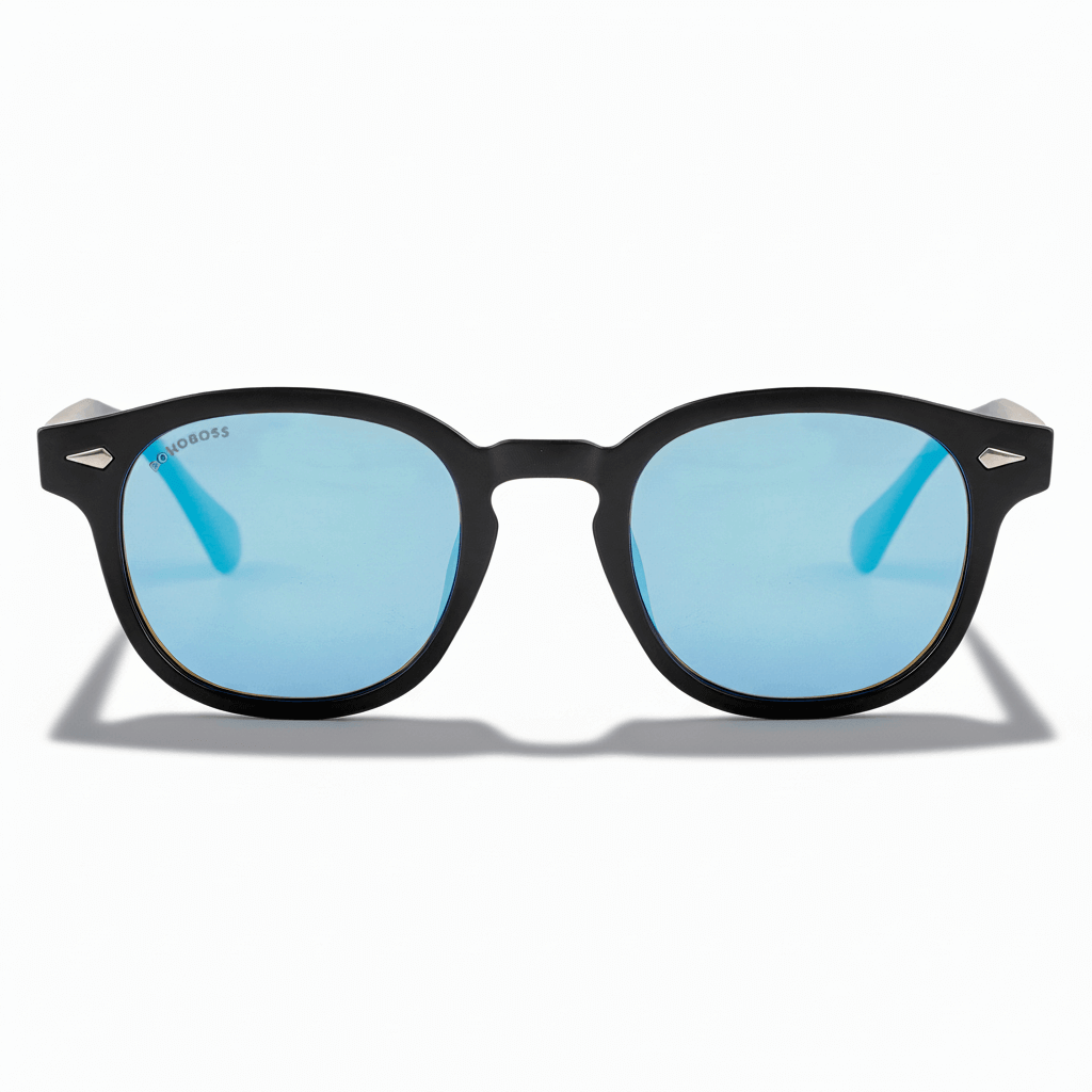 la vista frontal de unos anteojos de sol espejados polarizados de forma redondeada hechos con plastico reciclado personalizado para regalo corporativo de #color_dark-sky