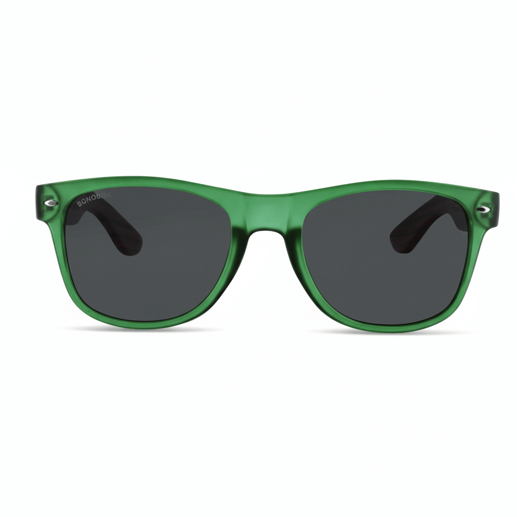 anteojos de sol polarizados de plastico reciclado regalo corporativo de color verde y lentes polarizadas de color negro vista frontal #color-marco_forest