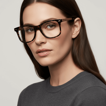 la vista lateral de 45º de una mujer de pelo castaño suelto usando marcos opticos anteojos con receta optica de acetato sustentable y patas de madera natural de la marca Bonoboss #color_carey