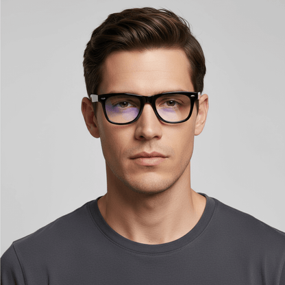 la vista frontal de un modelo hombre de cara redonda usando marcos anteojos opticos Bonoboss sustentables en acetato biodegradable de #color_negro