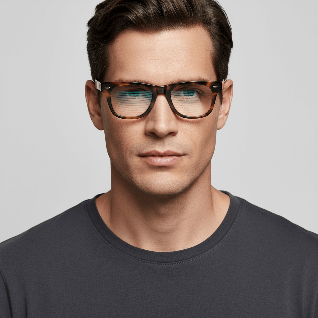 la vista frontal de un modelo hombre de cara ovalada usando marcos anteojos opticos Bonoboss sustentables en acetato biodegradable de #color_carey