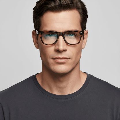 la vista frontal de un modelo hombre de cara ovalada usando marcos anteojos opticos Bonoboss sustentables en acetato biodegradable de #color_carey