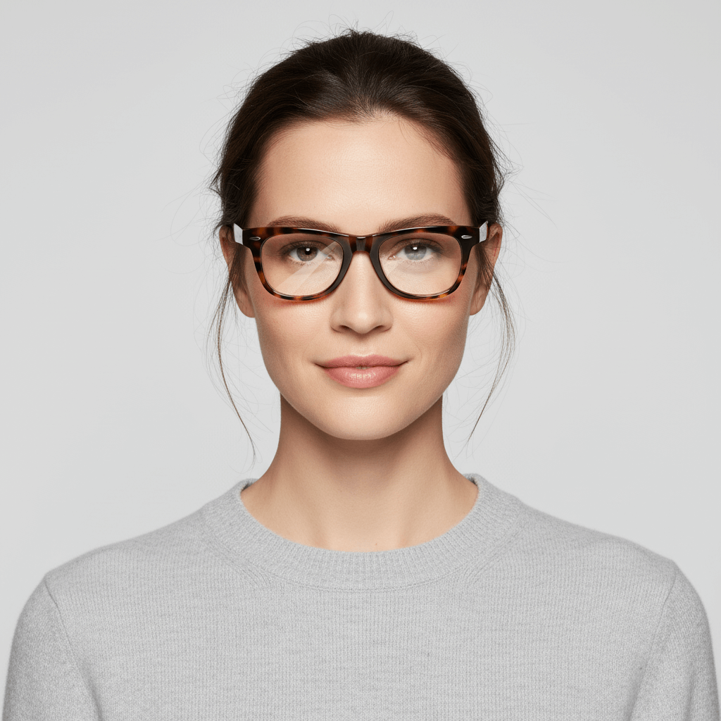 la vista frontal de una modelo mujer de cara redonda usando marcos anteojos opticos Bonoboss sustentables en acetato biodegradable de #color_carey