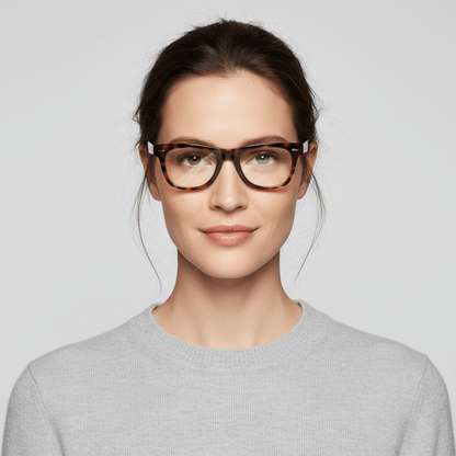 la vista frontal de una modelo mujer de cara redonda usando marcos anteojos opticos Bonoboss sustentables en acetato biodegradable de #color_carey