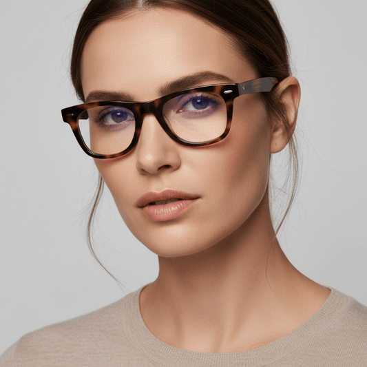 la vista lateral de una modelo mujer de cara redonda usando marcos anteojos opticos Bonoboss sustentables en acetato biodegradable de #color_carey