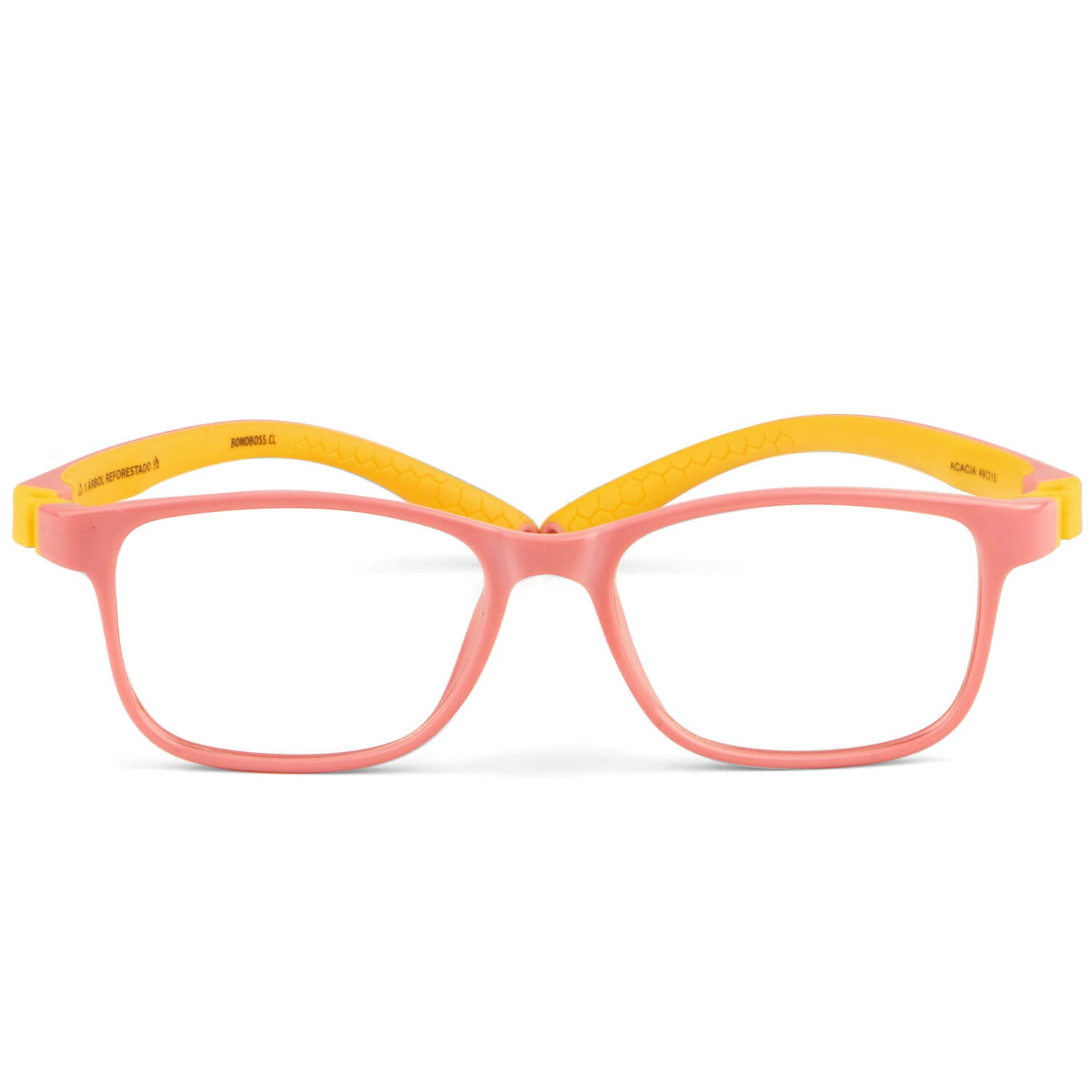 anteojos o marcos opticos de niño y niña de forma rectangular de unos anteojos. armazones opticos de goma indestructibles para niños de color rosado y patas amarillas y forma rectangular  #color_pink