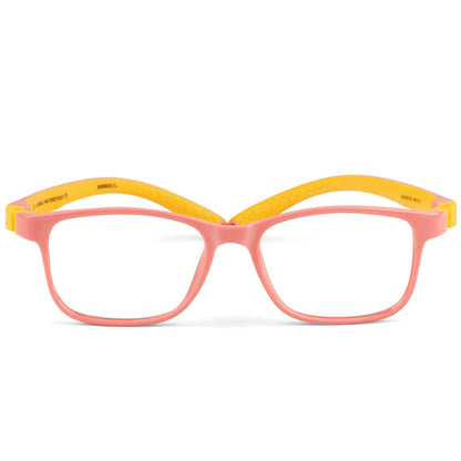 anteojos o marcos opticos de niño y niña de forma rectangular de unos anteojos. armazones opticos de goma indestructibles para niños de color rosado y patas amarillas y forma rectangular  #color_pink