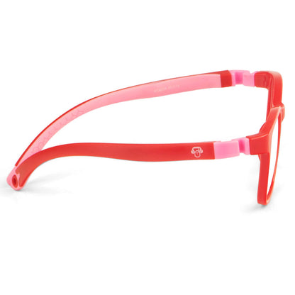 anteojos o marcos opticos de niño y niña de forma rectangular de unos anteojos. armazones opticos de goma indestructibles para niños de color rojo y patas rosadas y forma rectangular #color_rojo