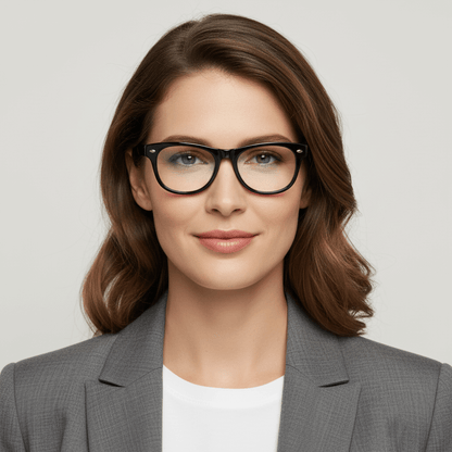 la vista frontal de una modelo mujer de  cara ovalada y pelo ondulado suelto usando armazones marcos opticos clasicos wayfarer de Bonoboss de #color_negro
