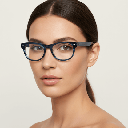 una mujer de cara redonda y pelo liso tomado usando armazones marcos opticos clasicos wayfarer de Bonoboss de #color_azul