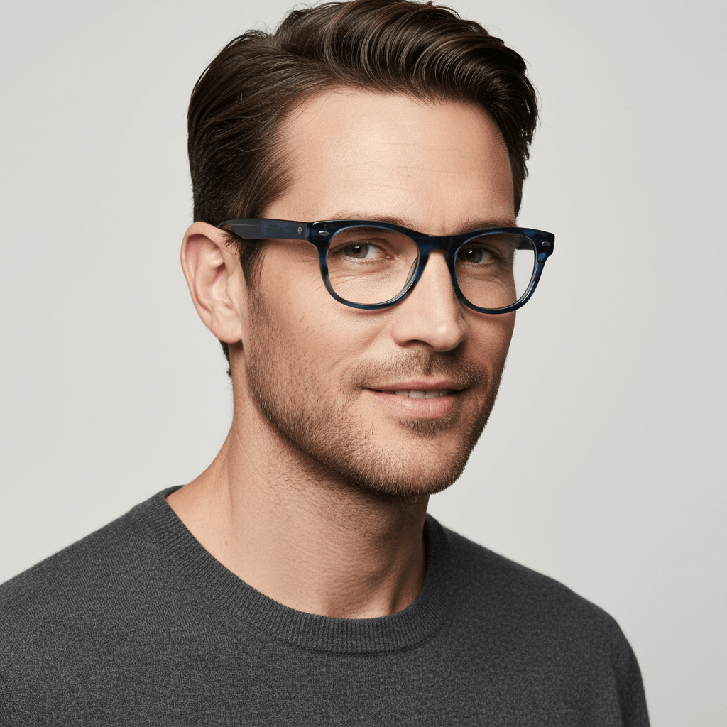 la vista lateral de un hombre de cara ovalada usando armazones marcos opticos clasicos wayfarer de Bonoboss de #color_azul
