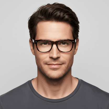 la vista frontal de un modelo hombre de  cara ovalada usando armazones marcos opticos clasicos wayfarer de Bonoboss de #color_carey