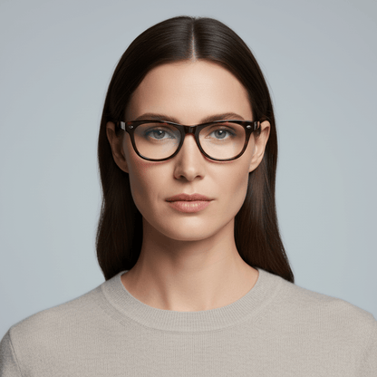 la vista frontal de una modelo mujer de  cara ovalada usando armazones marcos opticos clasicos wayfarer de Bonoboss de #color_carey